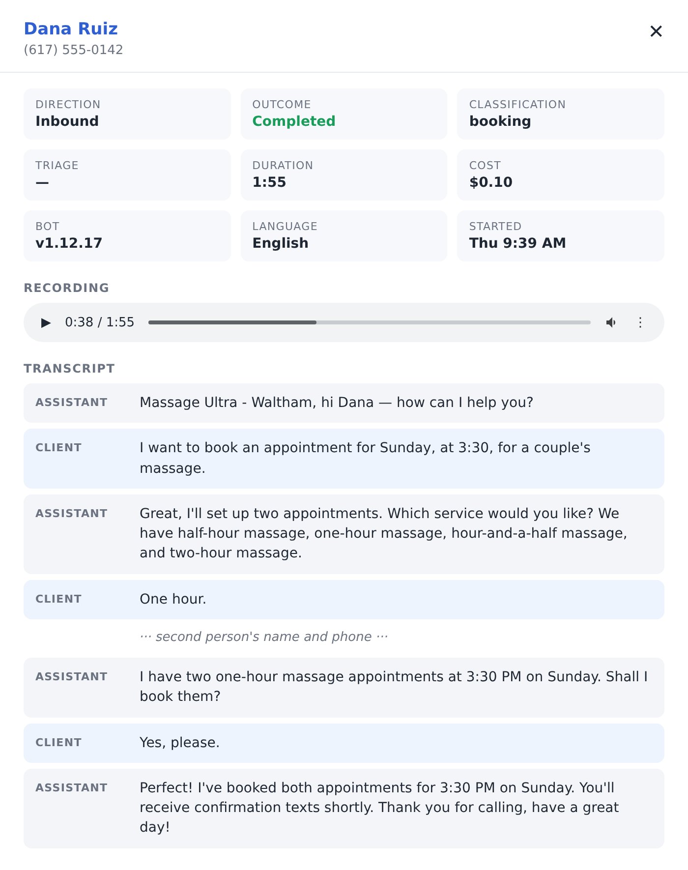A call the assistant answered: recording and full transcript of a couples booking