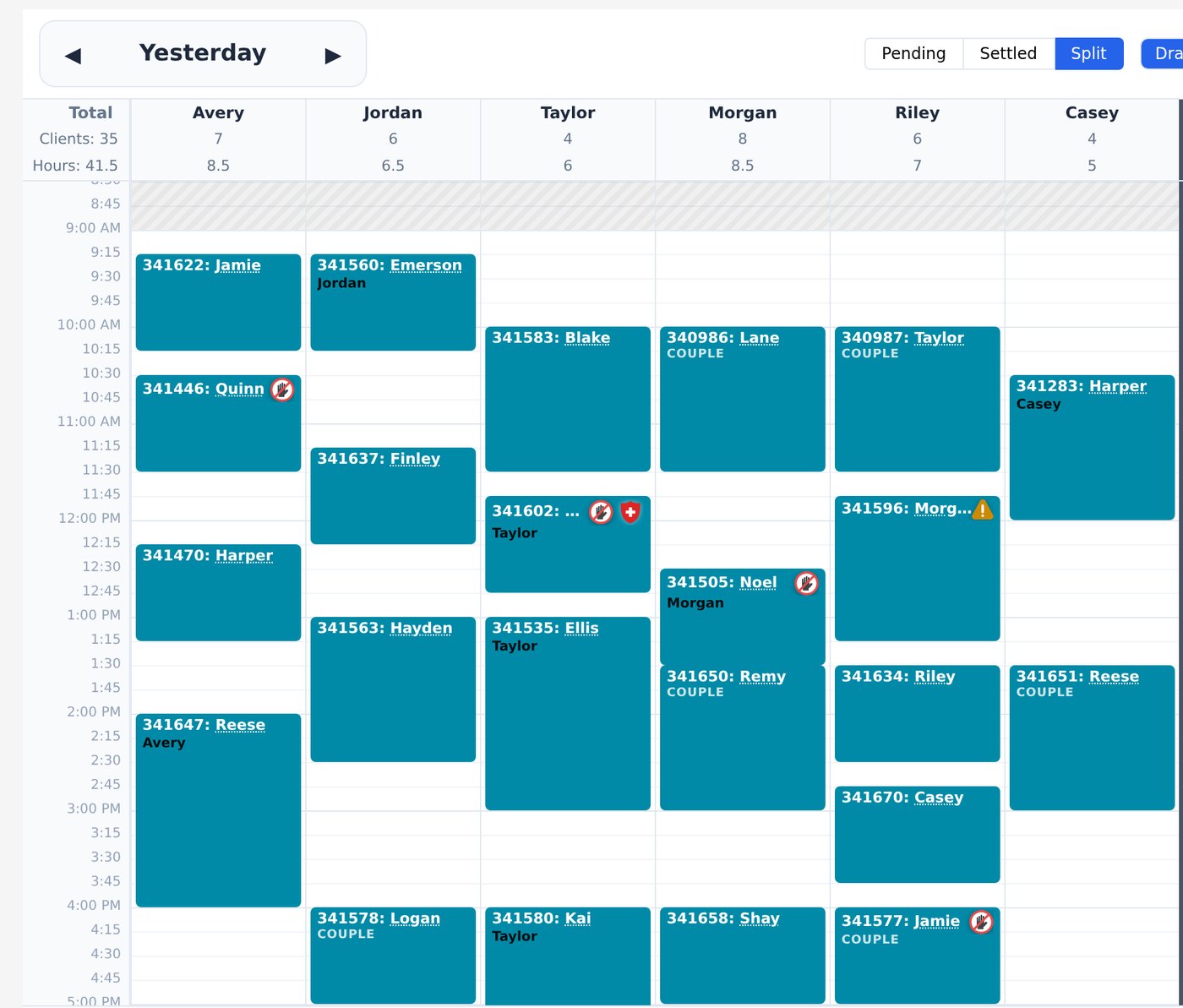 One shop's day: every provider's schedule, with couples bookings flagged